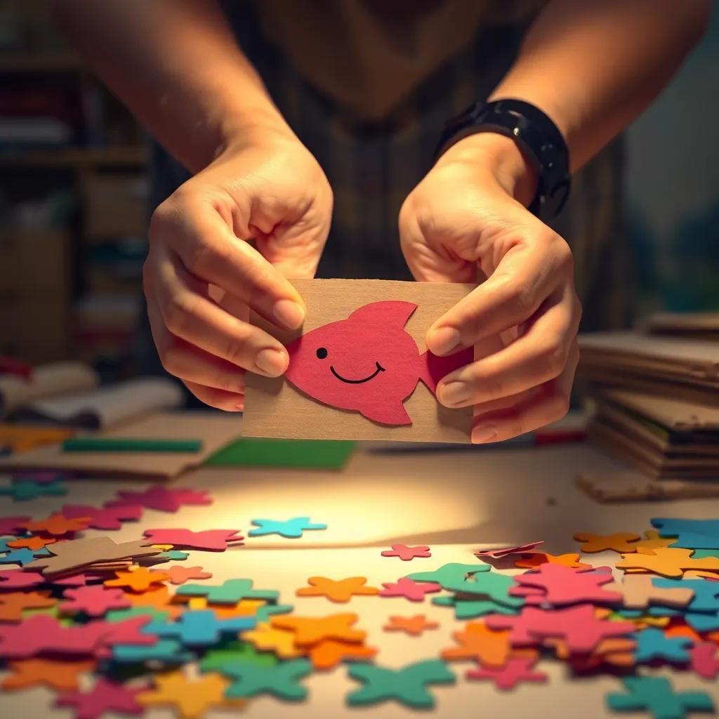 A pair of hands focusing on a piece of cardboard, carefully cutting out a fish shape with a small smile, colorful cardboard pieces scattered around, bright workspace, warm light, inviting atmosphere, high quality, digital art
