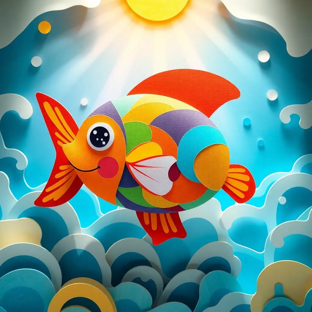 Colorful fish made of cardboard, vibrant and detailed, with shiny eyes and a curved tail, surrounded by waves made of more cardboard, sunlight shining through, cheerful and magical environment, child-friendly, high quality, illustration