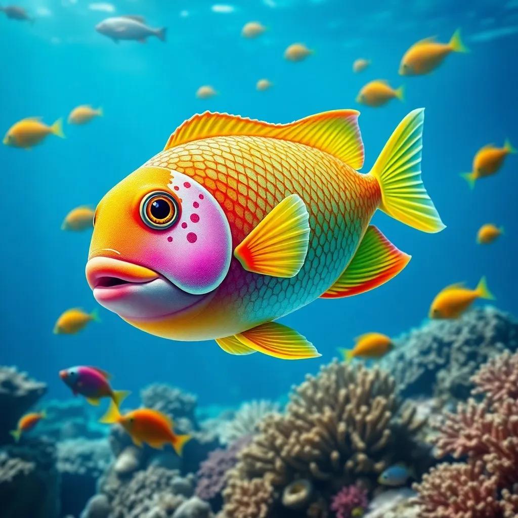 A colorful fish named Fariha with shimmering scales, swimming happily in the blue ocean, surrounded by coral reefs and her fish friends, vibrant digital art, cheerful atmosphere, bright colors, underwater perspective, high quality