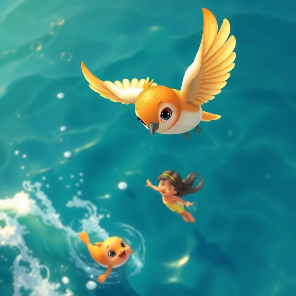 A small bird named JoJo flying above the ocean, with bright feathers and sparkling eyes, looking down at Fariha swimming joyfully, sunlight reflecting on the waves, illustration, playful and adventurous, warm colors, sky view, high quality