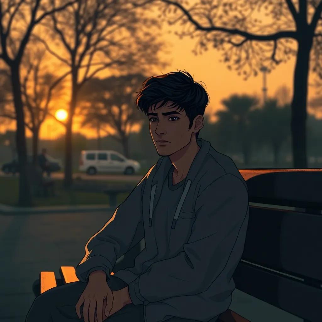 A lonely young Arab man, Samir with short black hair, sitting on a park bench with a sad expression, surrounded by shadows of the past, during sunset, illustration, moody atmosphere, reflective quality