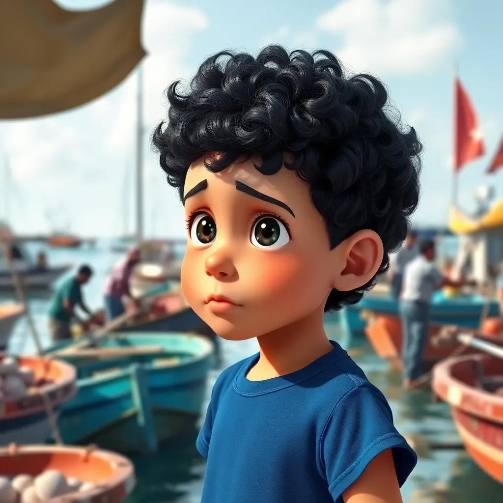 A young boy, Samir, with curly black hair, wearing a blue shirt and shorts, looking amazed at the busy fishing port in Gaza with fishermen working hard around him, digital art, bright colors, lively atmosphere, high quality