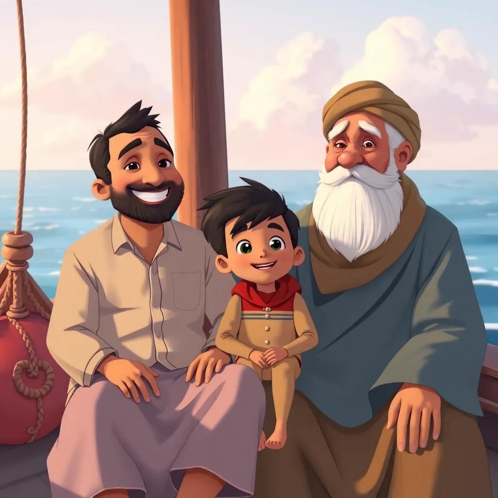 A cozy scene with Samir and his father sitting on a fishing boat with Abu Khalil, an older fisherman with a white beard wearing traditional fishing attire, smiles on their faces while enjoying the sea breeze, illustration, warm colors, cheerful atmosphere, heartwarming