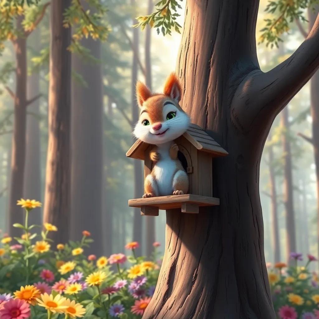 A cute squirrel, with fluffy fur, living in a small house on a tall tree in a beautiful forest, surrounded by high trees and colorful flowers, digital art, vibrant and cheerful, friendly atmosphere, high quality