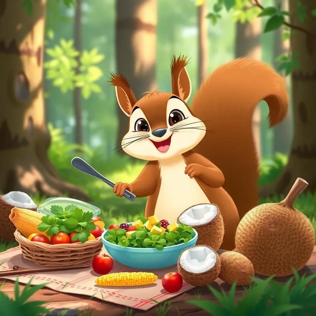 The squirrel cheerfully preparing a picnic with green salad, crunchy corn, fresh fruits like apples and berries, and roasted coconut, in a sunny forest clearing, colorful and inviting, child-friendly