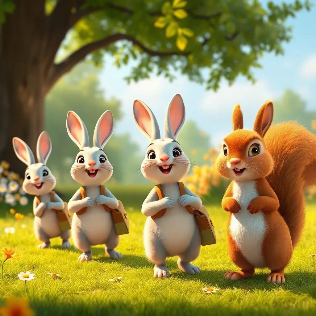 Happy rabbits arriving one by one at the squirrel's picnic, wearing little satchels, excited faces, trees and flowers in the background, joyful and warm lighting, cheerful scene, high quality