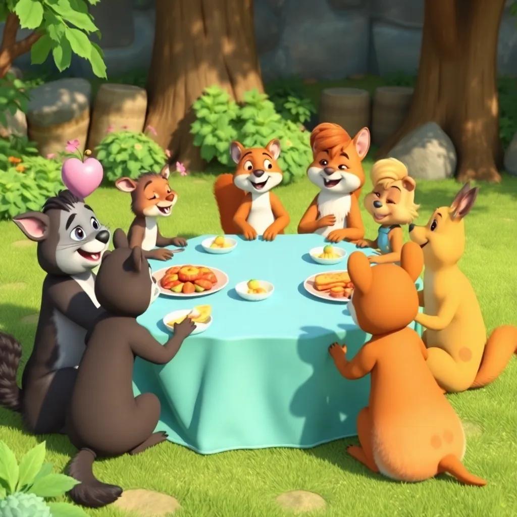 All the animals sitting around a big table outside, enjoying the delicious food prepared by the squirrel, smiling and laughing, a beautiful natural setting, bright and lively atmosphere, child-friendly