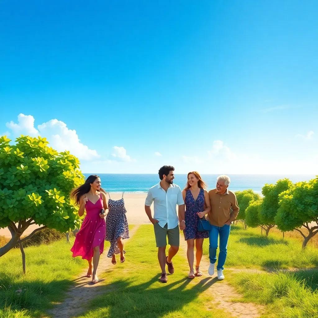 The group of friends walking together towards the beach under a bright blue sky, exchanging laughter and stories, lush green trees flanking their path, cheerful and cozy environment, high quality