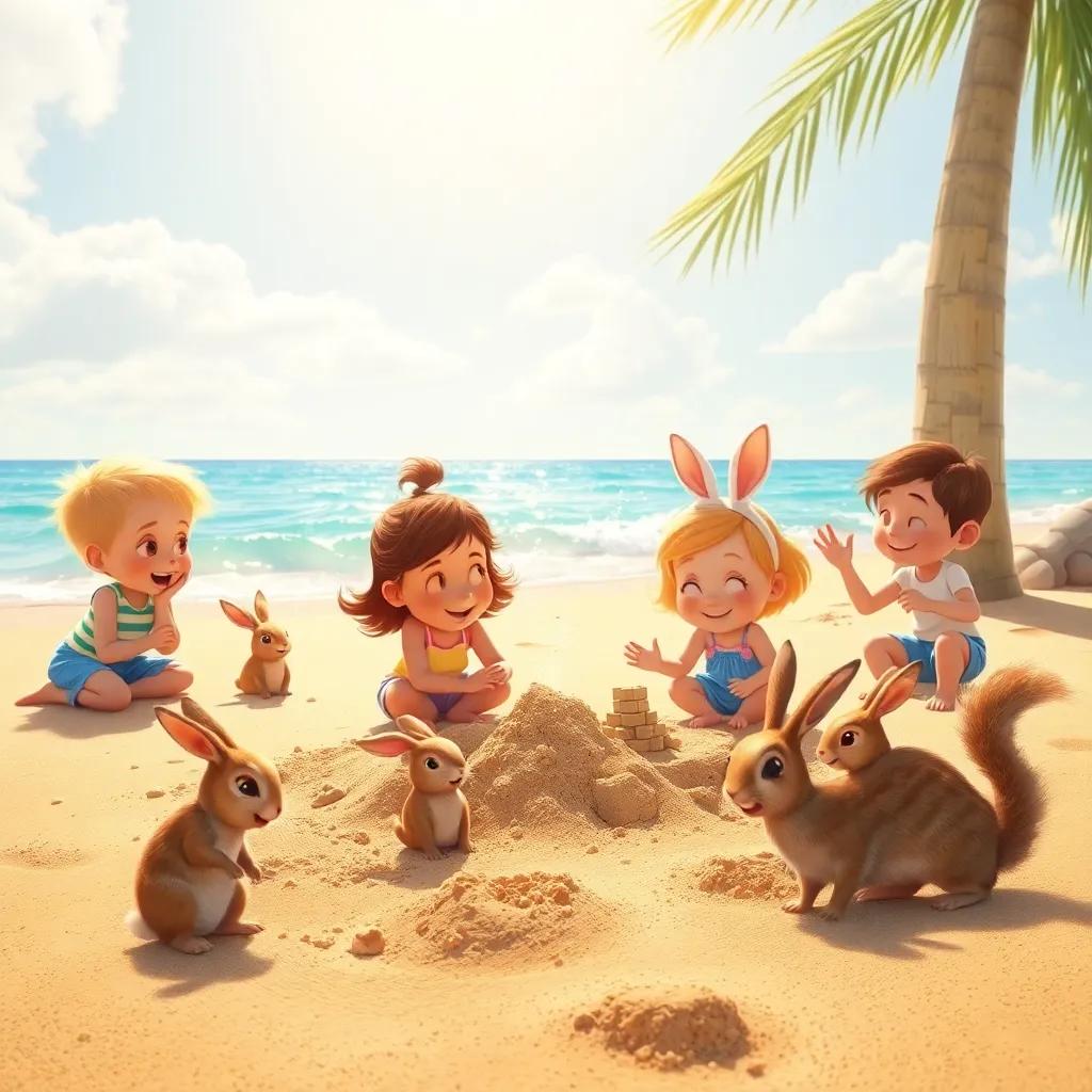The beach scene with children playing in the sand, building sandcastles, and splashing water, cheerful rabbits and the squirrel, bright sunlight, fun and laughter, high quality