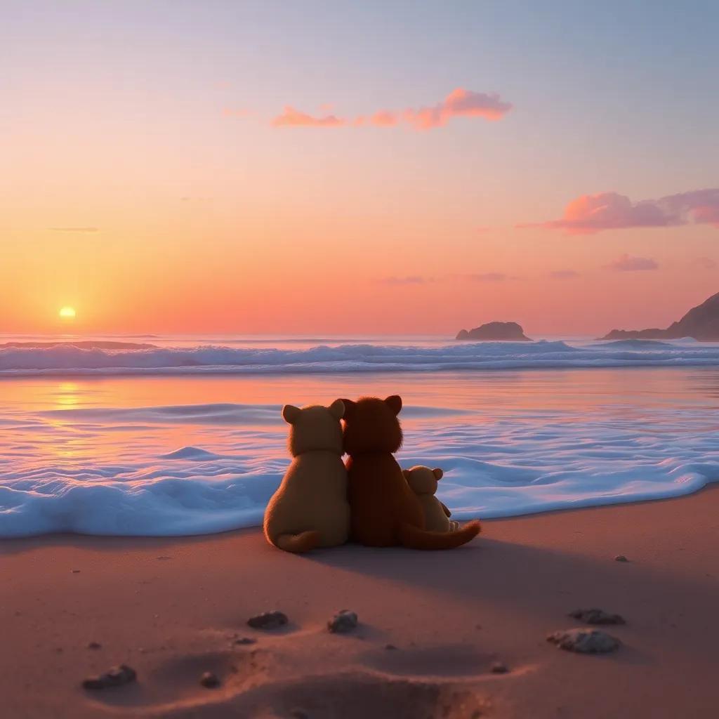 A peaceful sunset at the beach with the sky turning orange and pink, the animals sitting together, watching the waves, calm and serene atmosphere, high quality