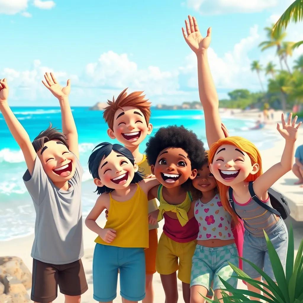 The group celebrating together, with big smiles on their faces, surrounded by the beauty of the beach and nature, vibrant colors, joy and warmth, child-friendly