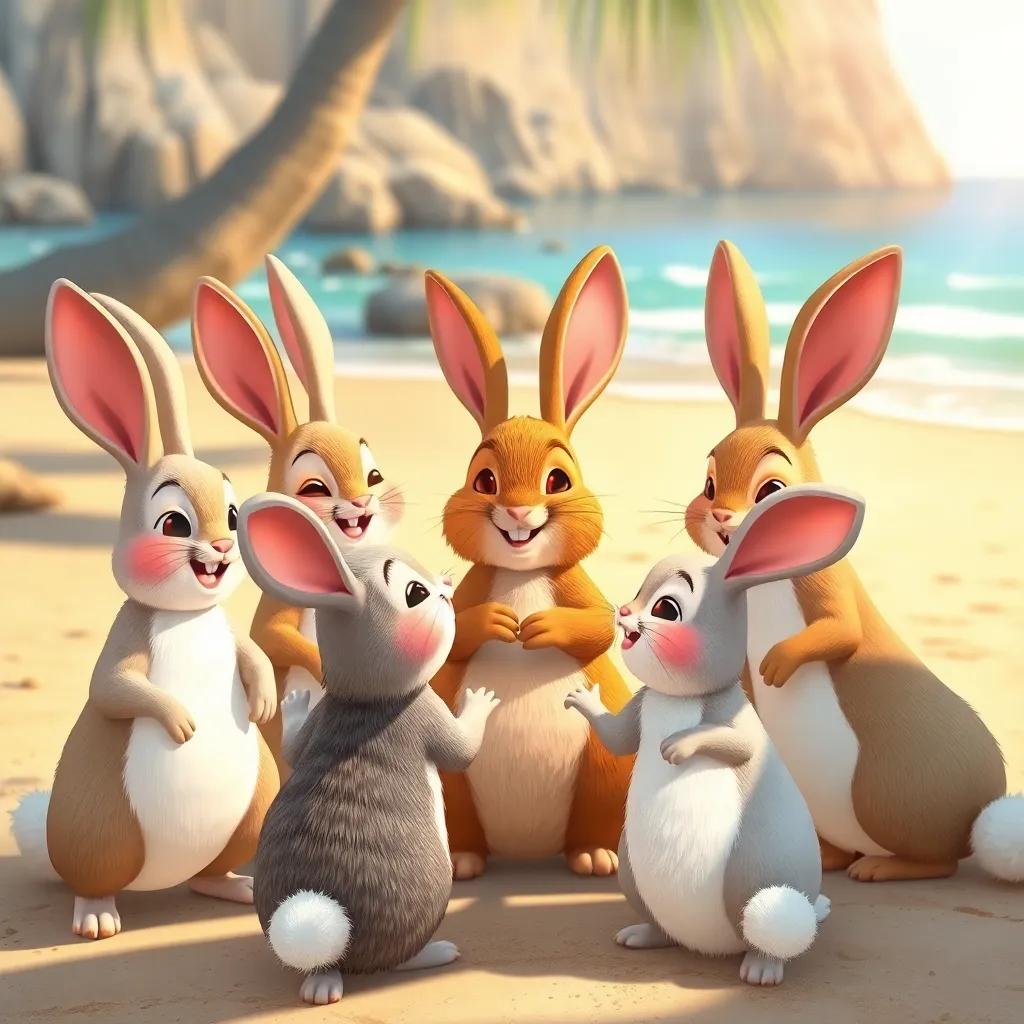 The cheerful rabbits thanking the squirrel, all gathered in a circle enjoying their time, with the beautiful beach in the background, heartwarming scene, high quality