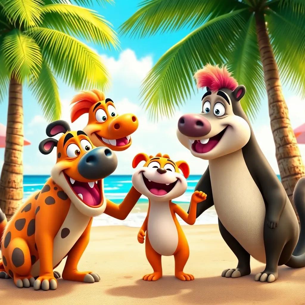 The joyful moment continued, with the animals sharing promises to meet again, fun colors, happy faces, colorful tropical beach setting, high quality