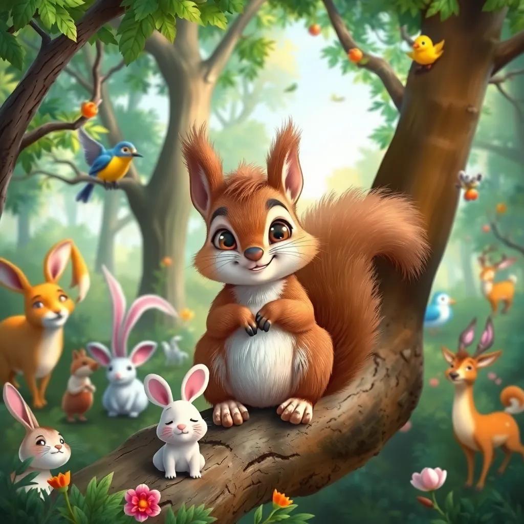 A cute squirrel, Salim, with fluffy fur and bright eyes, sitting on a tree branch in a lush forest, surrounded by various forest animals like rabbits, birds, and deer, digital art, colorful, friendly atmosphere, high quality