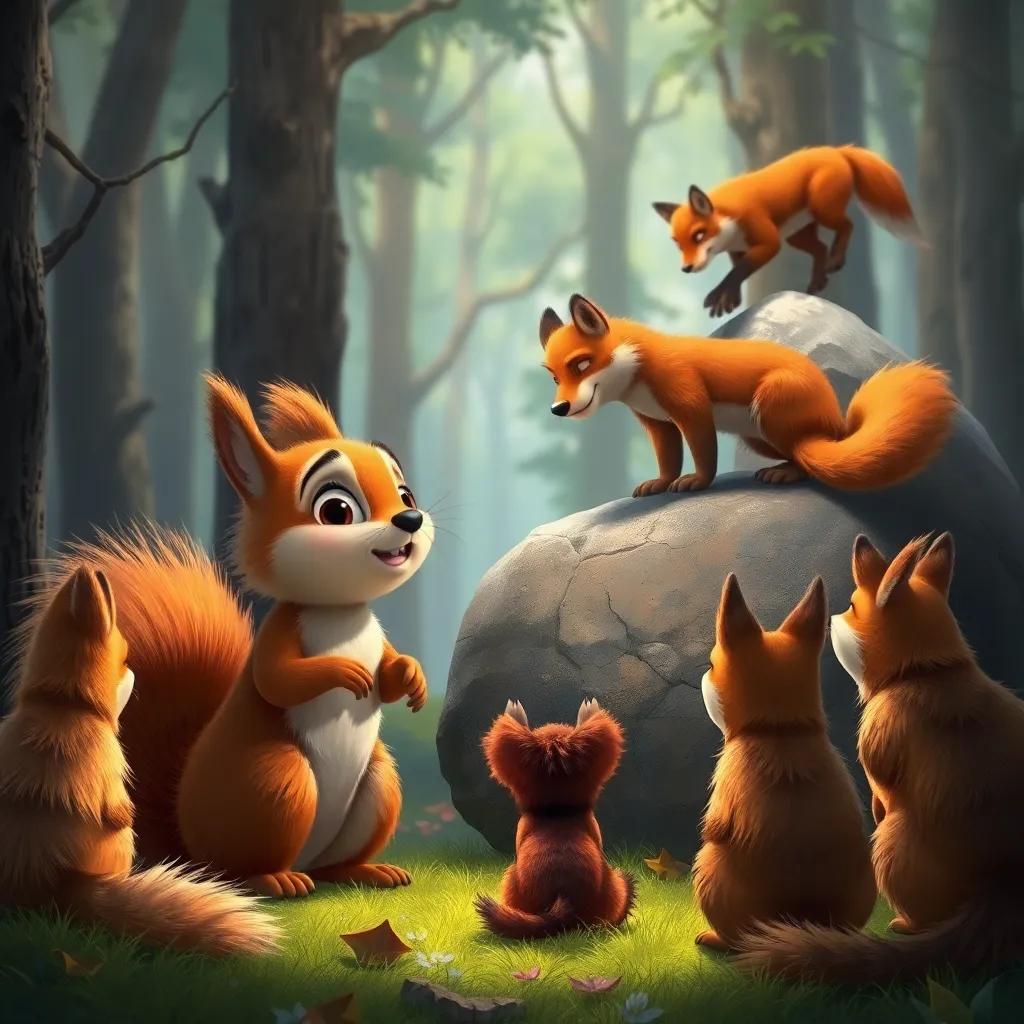 Salim the squirrel, with fluffy fur and bright eyes, warning animals about a cunning fox, gathered around a large rock in the forest, listening attentively, digital painting, warm colors, engaging scene, high quality