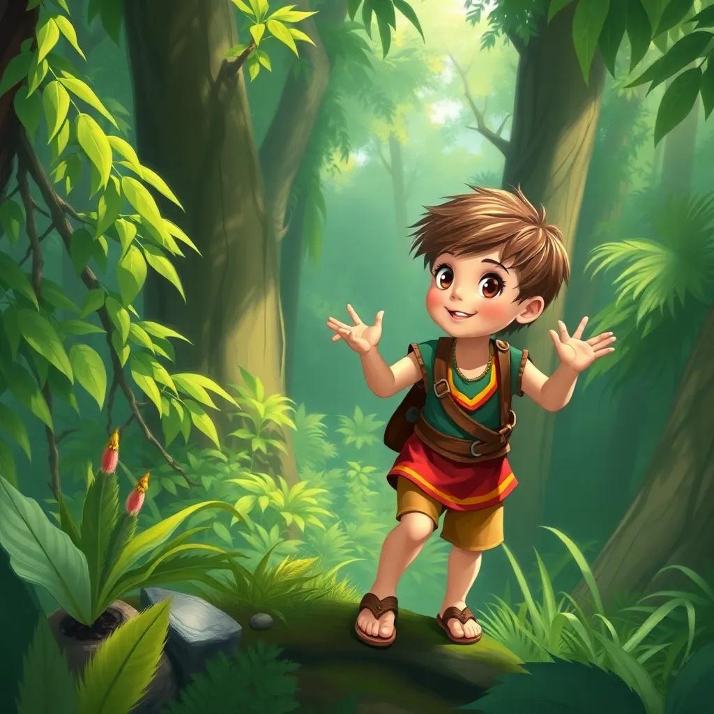 A brave young boy, سندباد, with short brown hair, wearing a colorful tunic and sandals, looking excited while exploring a lush green forest, digital art, bright colors, adventurous atmosphere, high quality