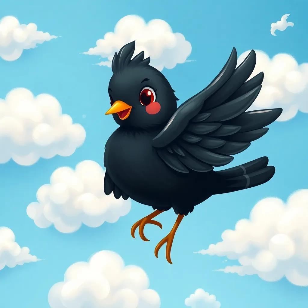 ياسمينة, a beautiful black bird, perched on the shoulder of سندباد, with shiny feathers and a friendly expression, soaring in a blue sky filled with fluffy white clouds, illustration, cheerful, optimistic, child-friendly
