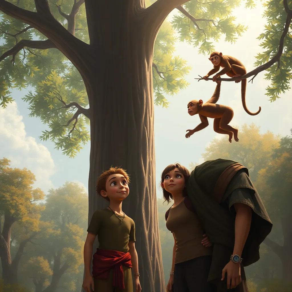 سندباد and ياسمينة standing before a tall tree, with sunlight filtering through the leaves, while a talking monkey swings from a branch, amazed expressions on their faces, detailed digital art, warm colors, engaging scenery