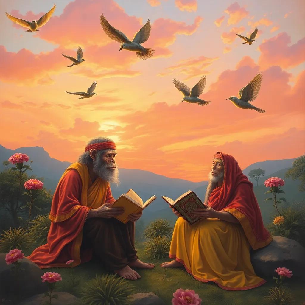 سندباد sharing stories with the monkey, with ياسمينة flying around them joyfully, under a sky painted with orange and pink hues during sunset, magical atmosphere, vibrant colors, storytelling view
