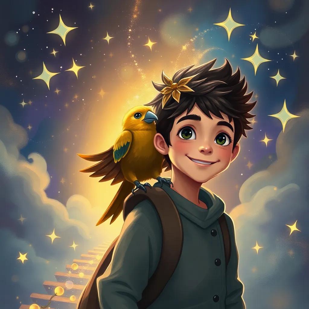 سندباد and ياسمينة embarking on a new adventure, the boy smiling boldly with the bird on his shoulder, a mystical path opening before them, surrounded by sparkling stars and twinkling lights, digital painting, imaginative, uplifting