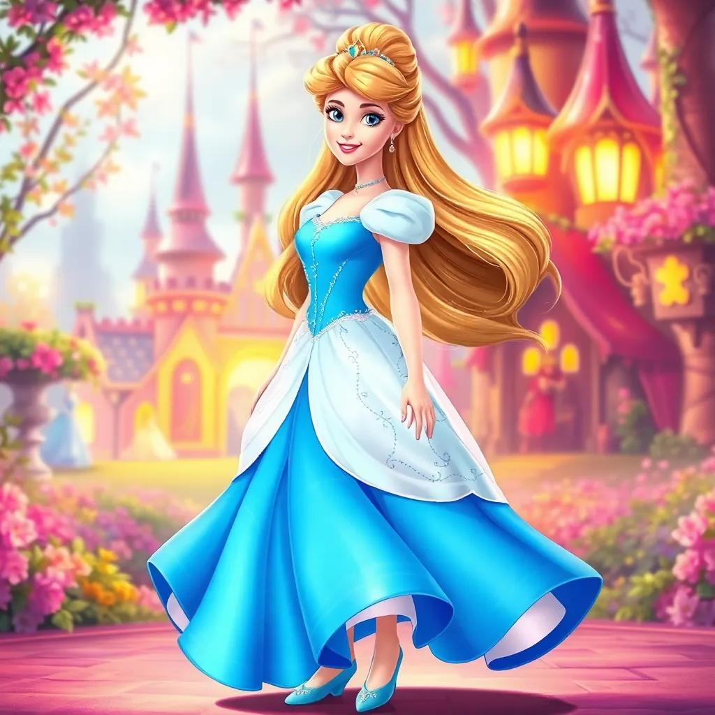 A beautiful fairy tale princess, Cinderella, with long, flowing hair, wearing a lovely blue gown and glass slippers, standing in a vibrant fairy tale kingdom, digital art, enchanting atmosphere, warm colors, high quality