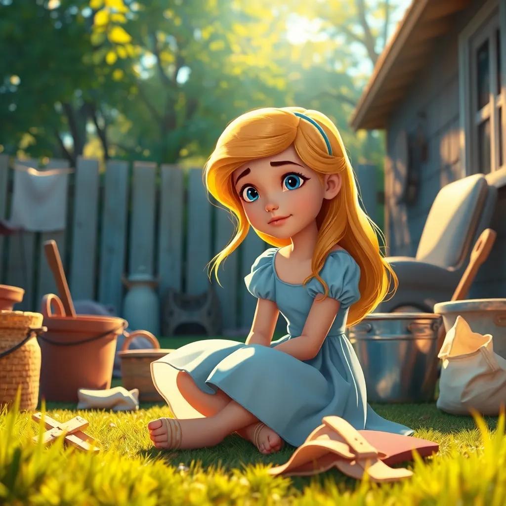 A beautiful young girl, Cinderella, with golden hair, sitting in a backyard looking sad, surrounded by chores, illuminated by sunlight, warm colors, inviting atmosphere, high quality
