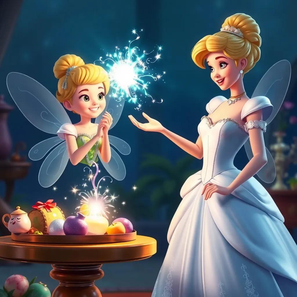 A magical fairy appears with a sparkling wand next to Cinderella, transforming objects into beautiful items, vibrant colors, joyful scene, fantasy art, high quality