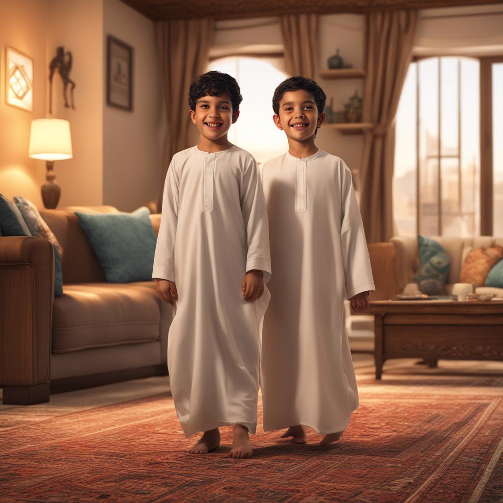 A young Emirati boy, Muhammad, with short black hair wearing a traditional kandura, entering a cozy living room filled with family, warm colors, inviting atmosphere, family gathering scene, high quality