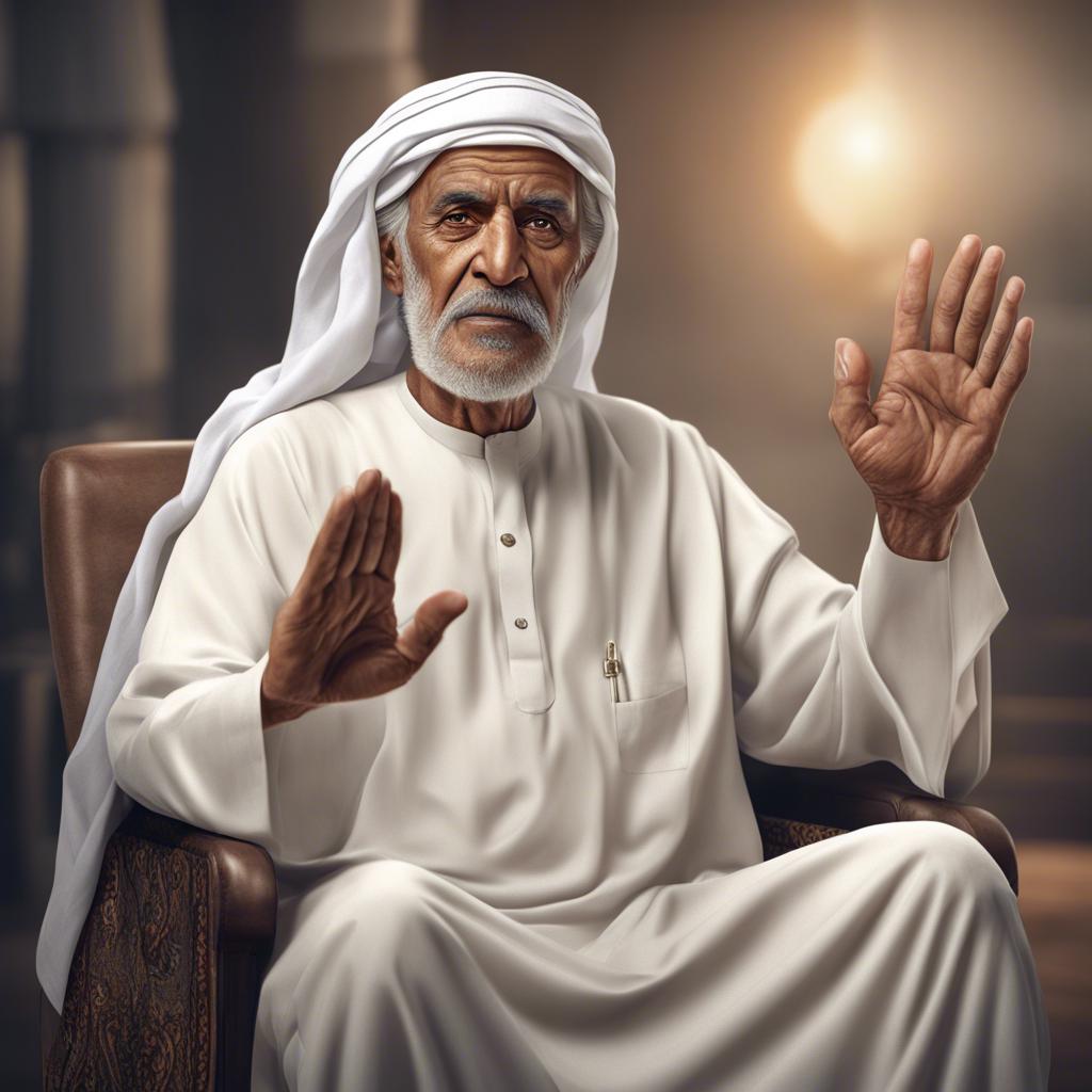 Sund, an elderly Emirati man, with a kind face and wearing a white ghutrah, showing a raised hand in admonishment towards Muhammad in a warm but serious manner, detailed illustration, emphasis on emotions