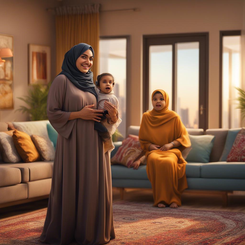 Salama, a loving Emirati mother, wearing a colorful abaya, looks surprised while observing her family in the living room, capturing the moment, warm and nurturing environment, rich colors