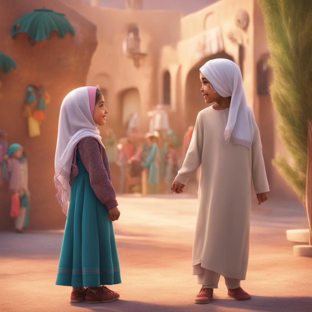 Bana, an 8-year-old Emirati girl, with braided hair in a pretty hijab, eagerly explaining the correct greeting to her brother while standing beside him, child-friendly, engaging scene, bright colors