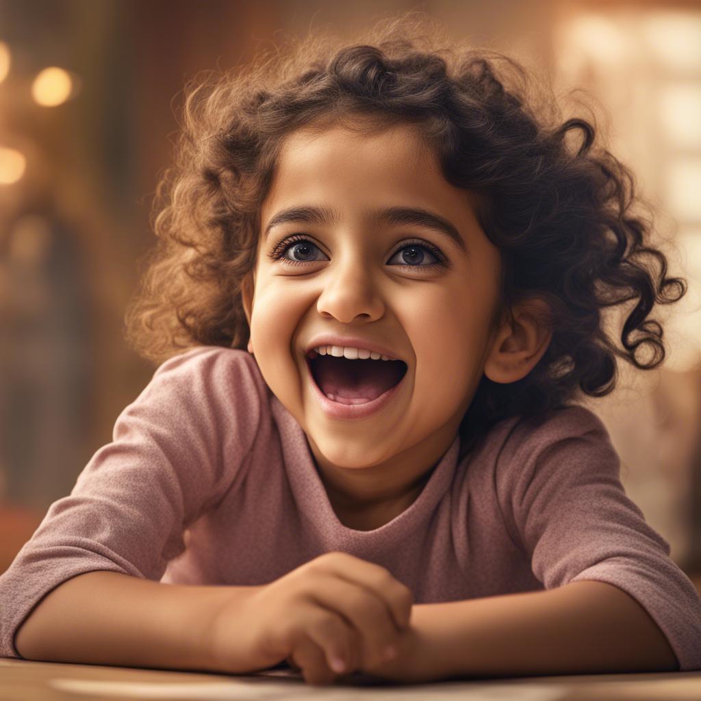 Amna, a 7-year-old Emirati girl with curly hair, giggling and watching her family, delighted expression, playful atmosphere, emphasizing connection and joy, cheerful imagery