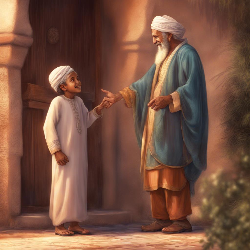 Muhammad, blushing and smiling, approaches his grandfather Sund with respect to kiss his head, joyful family setting, heartwarming colors