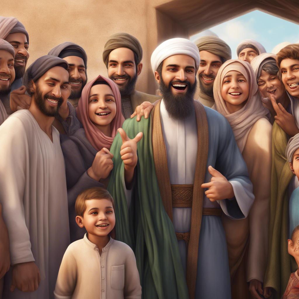 Muhammad, happily saying the greeting in a loud voice, surrounded by family members who are smiling and nodding in approval, engaging atmosphere, vibrant, inviting scene