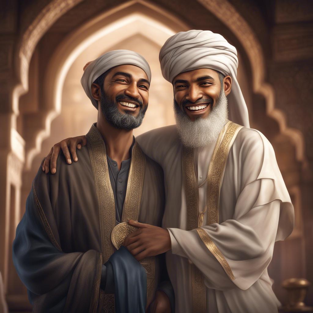 Sund, with a proud smile on his face, embracing Muhammad and teaching him about values and traditions in a warm and loving environment, deep focus on emotions and connection