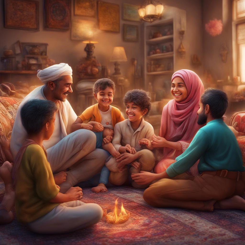 Family members joyfully interacting, with Muhammad feeling proud, creating a scene of warmth and happiness, family unity, colorful setting