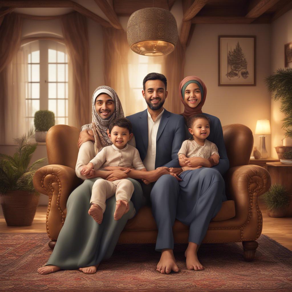 A happy family portrait with Muhammad feeling accomplished, representing values of respect and heritage in the cozy living room, artistic and warm vibe
