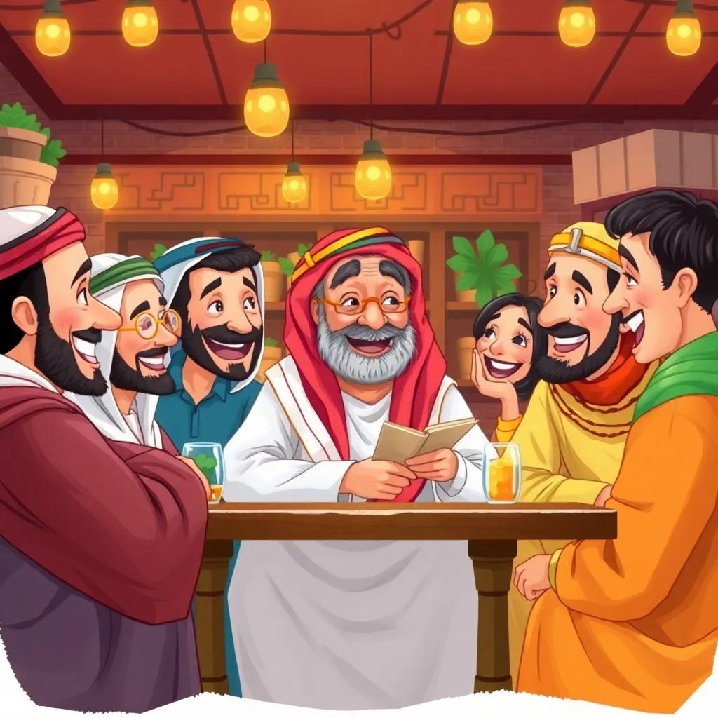 A group of Arab friends laughing at a café, with the elder Qayal in the center telling a funny story, lively environment, colorful, joyful scene, high quality