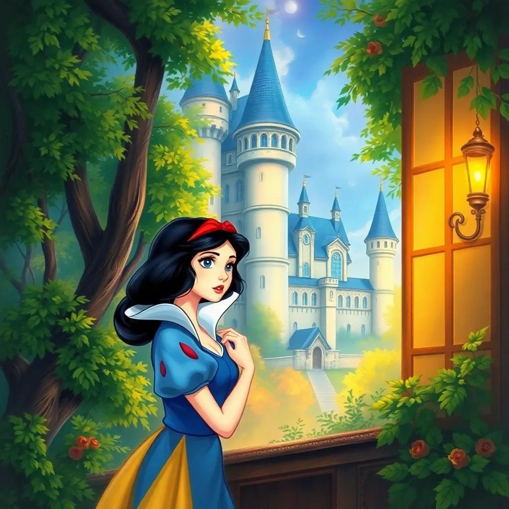 An elegant castle surrounded by lush green trees, a beautiful princess named Snow White, with black hair and a blue dress, looking out of a window with a worried expression, fairy tale illustration, vibrant colors, warm light, magical atmosphere, high quality