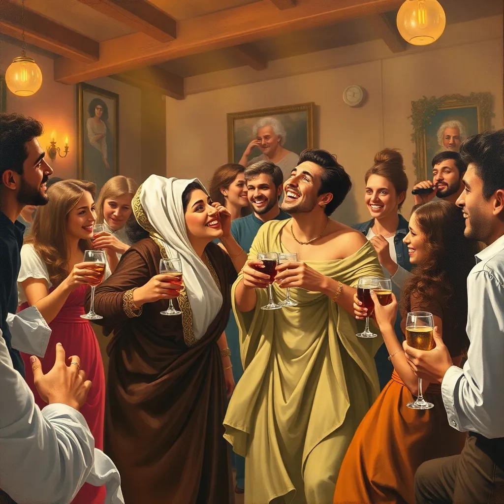 A lively indoor party scene with soft lighting, where Um Mahmoud and Hamoud are laughing and dancing together, surrounded by friends enjoying drinks and music, all showing expressions of love and happiness, detailed illustration, vibrant colors, energetic and cheerful ambiance.