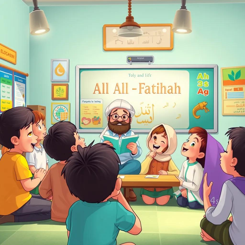 A group of children listening to their teacher explaining Al-Fatiha in a classroom, with colorful charts and educational materials, bright and welcoming, joyful expressions, illustration, bright colors, friendly atmosphere, high quality