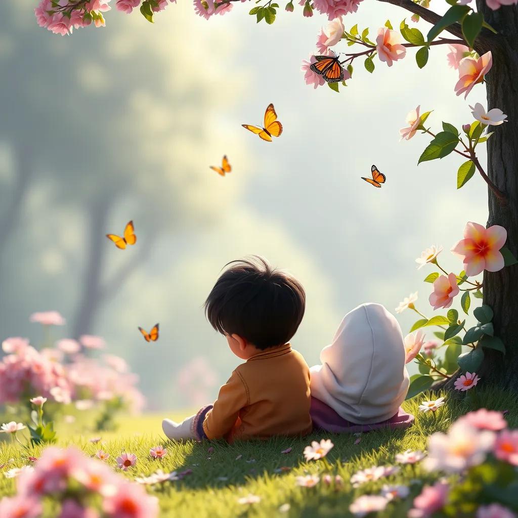 A serene scene with a child sitting in a garden, reflecting on the meanings of Al-Fatiha, with blooming flowers and butterflies nearby, peaceful and tranquil, soft lighting, vibrant scenery, high quality