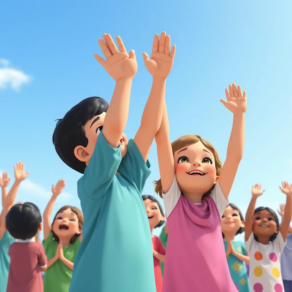 Children raising their hands in prayer after learning about Al-Fatiha, their faces filled with joy and hope, under a clear blue sky, joyful atmosphere, colorful clothing, illustration, uplifting, high quality