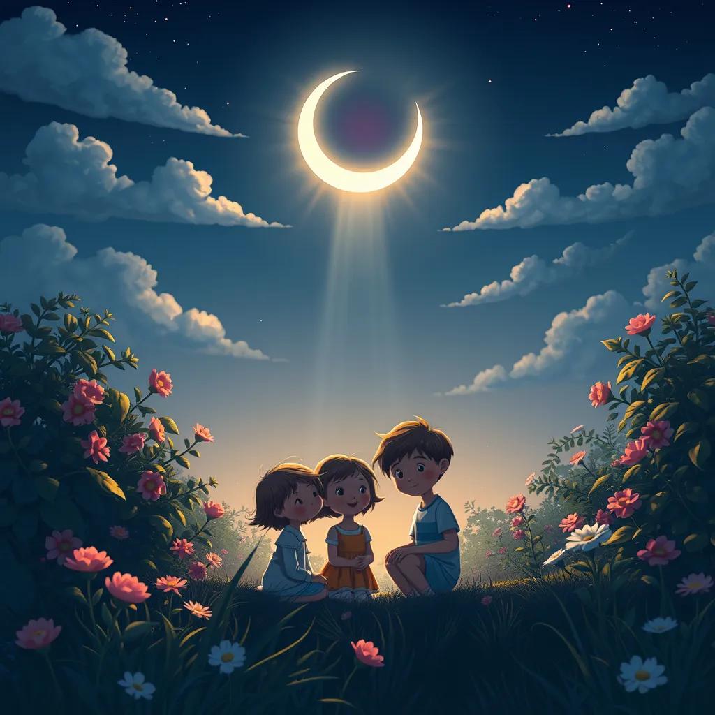 A beautiful crescent moon shining down on the children in the garden, symbolizing guidance and divine help, with soft clouds in the night sky, magical feel, illustration, enchanting, warm glow, high quality
