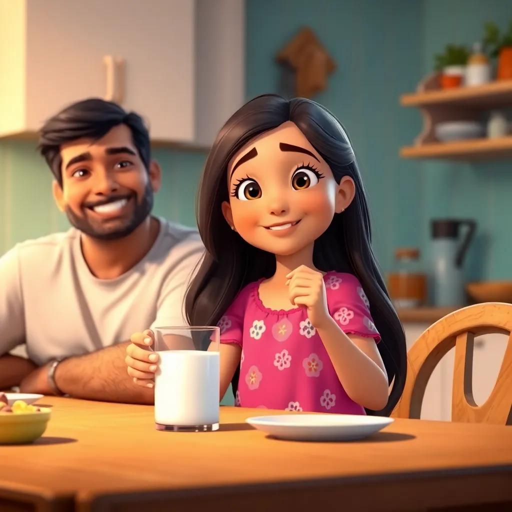 A young Arab girl, Soso, with long, dark hair, wearing a bright dress, happily drinking milk at a kitchen table with her father smiling, cheerful atmosphere, kitchen setting, warm light, vibrant colors, inviting scene, high quality