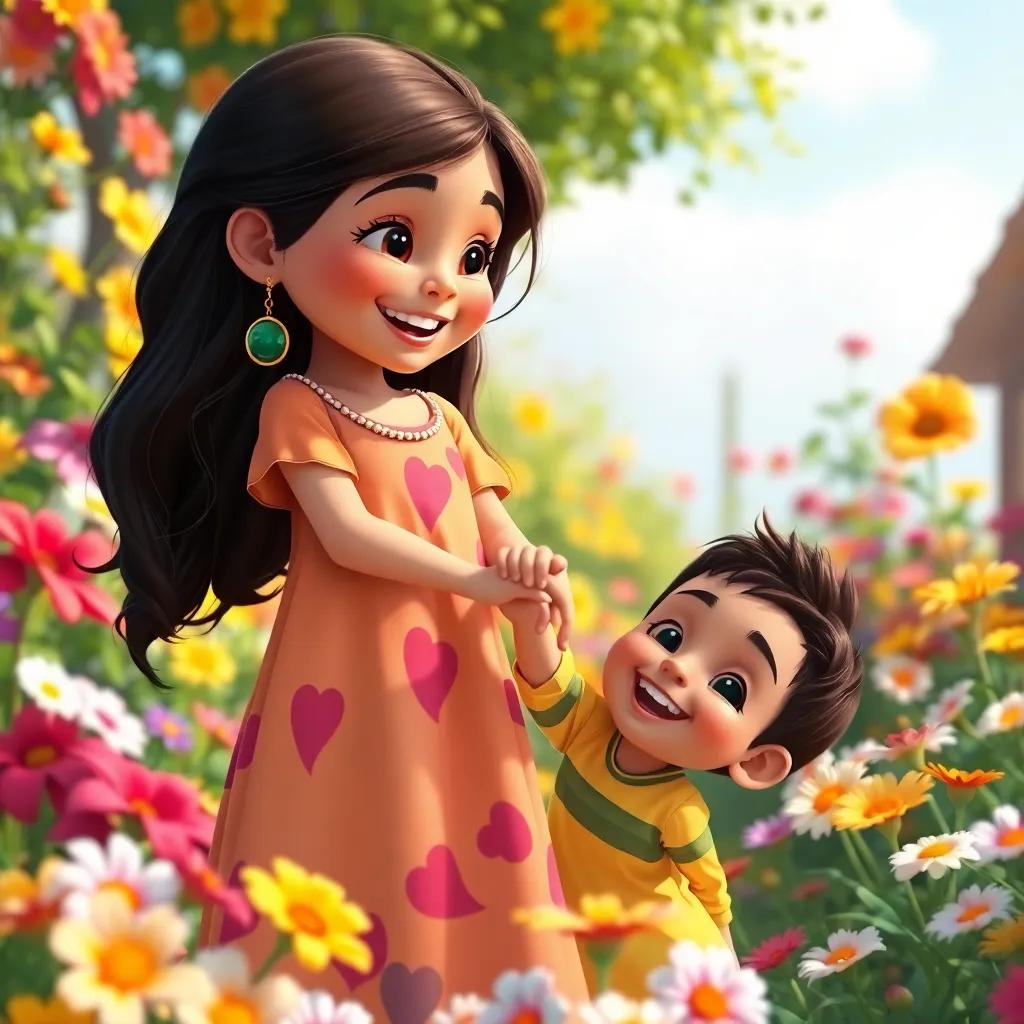 Soso, a young Arab girl with long, dark hair in a bright dress, playing happily with her little brother Ibrahim in a colorful garden filled with flowers, bright sunny day, joyful expressions, family love, digital art, cheerful, high quality