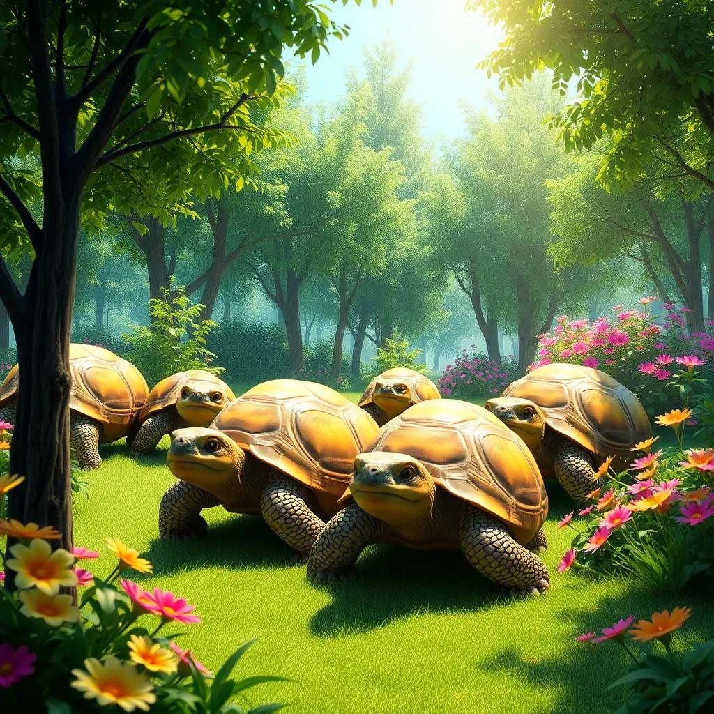 A group of large turtles living in a small, serene forest, surrounded by green trees and vibrant flowers, peaceful atmosphere, digital art, colorful, bright light