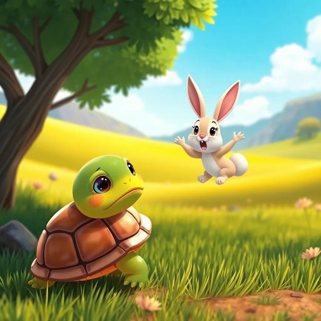 A small turtle named Soso, looking sad while watching a cheerful rabbit jumping around, her shell heavy and shiny, in a sunny valley, vivid colors, illustration, cheerful mood