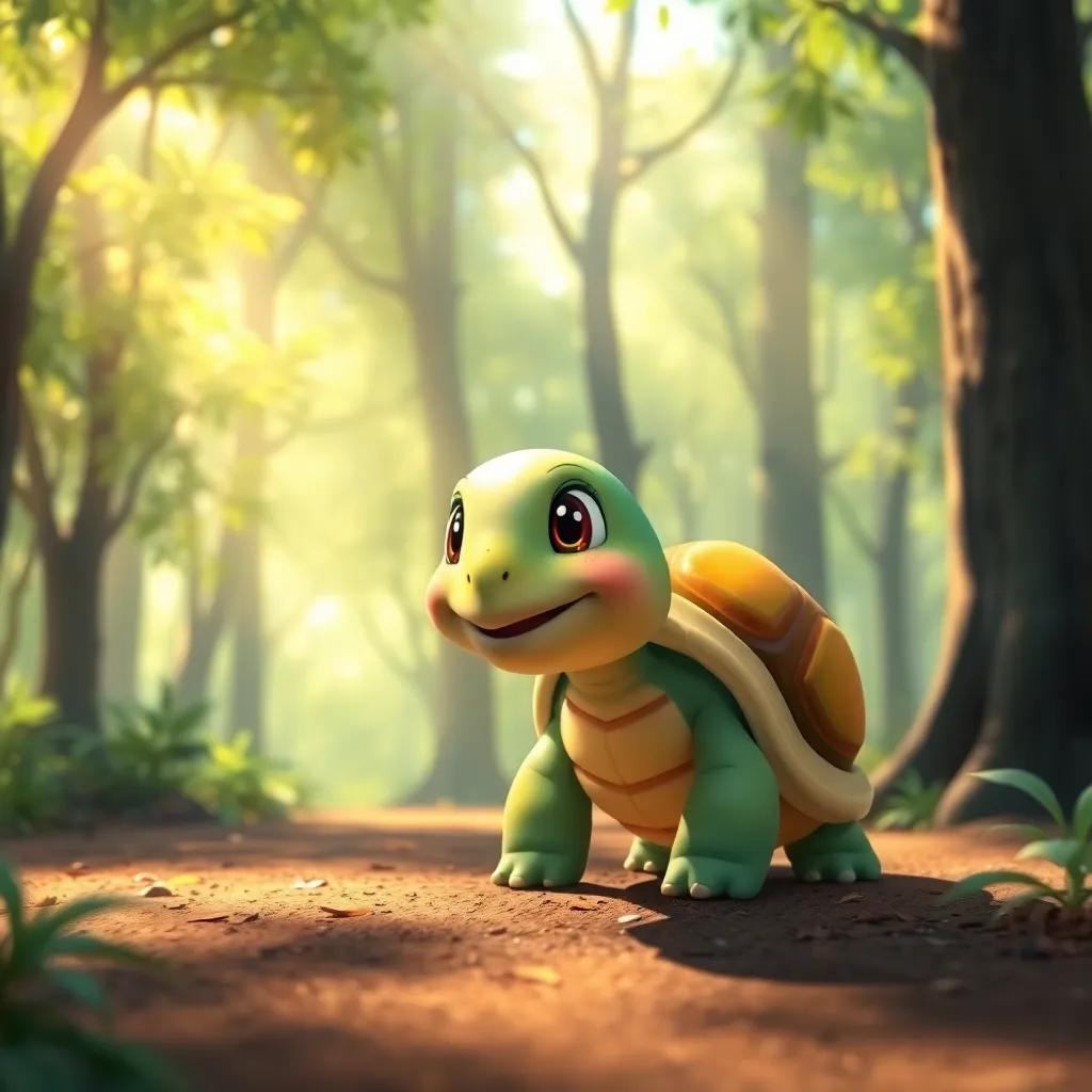 A calm forest with lush green trees and sunlight filtering through, a cheerful turtle named Soso, with a bright shell and smiling expression, dreaming big dreams, digital art, vibrant colors, warm lighting, inviting atmosphere, high quality