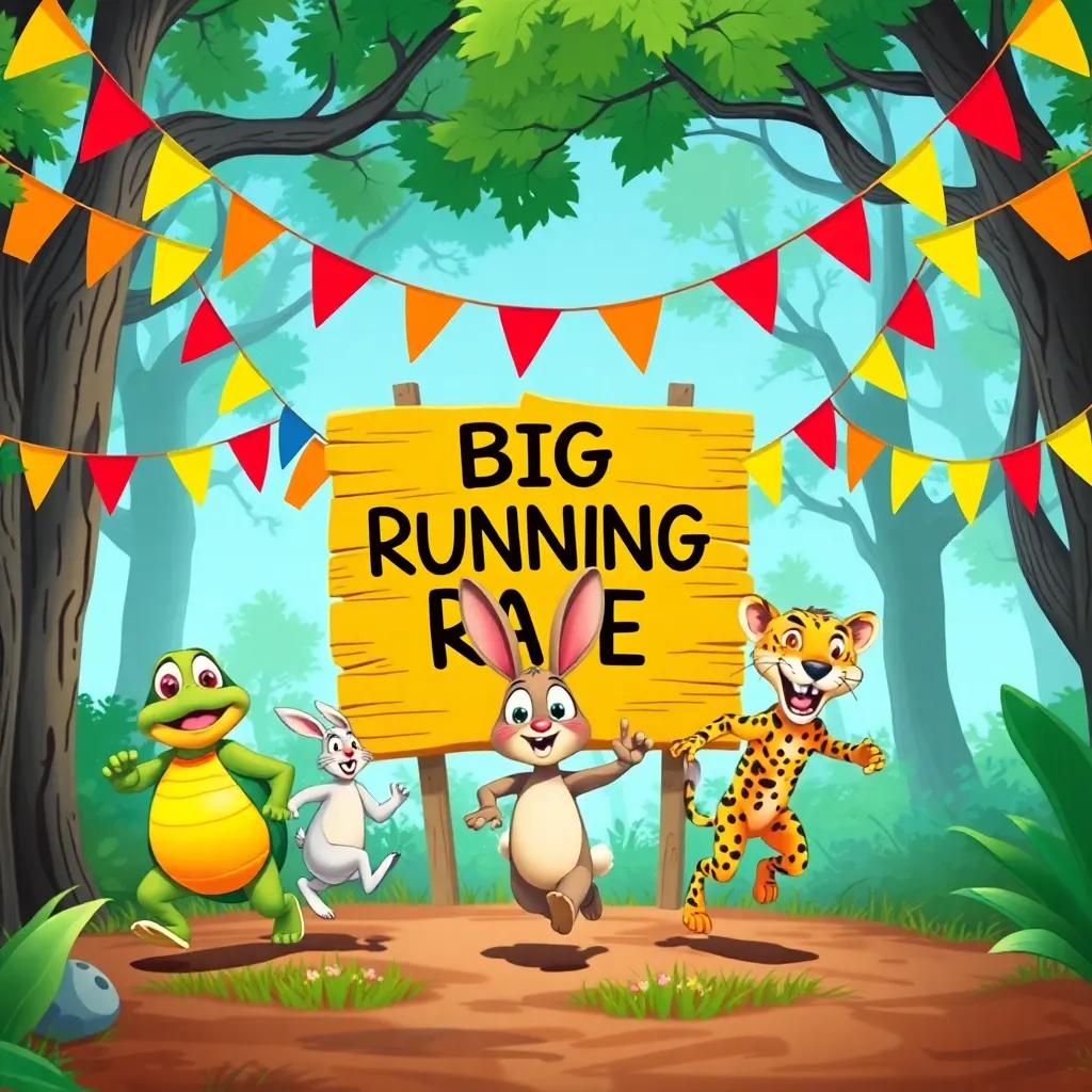 A sign announcing a big running race, surrounded by excited forest animals, including a determined turtle Soso, an arrogant rabbit, and a speedy cheetah, colorful banners, cheerful mood, illustration, bright colors, fun perspective, child-friendly